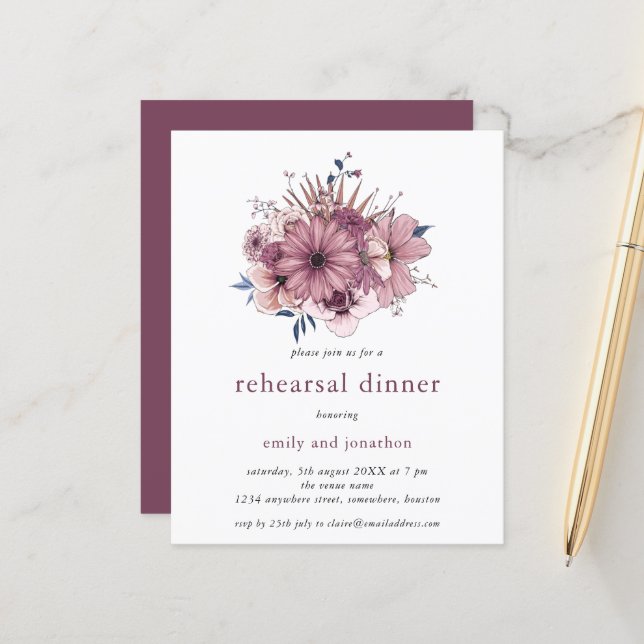 Budget Purple Florals Rehearsal Dinner Invitation (Front/Back In Situ)
