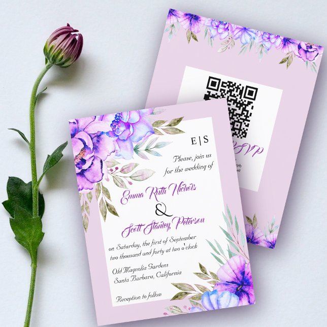 BUDGET purple flowers QR code wedding invitation (Creator Uploaded)