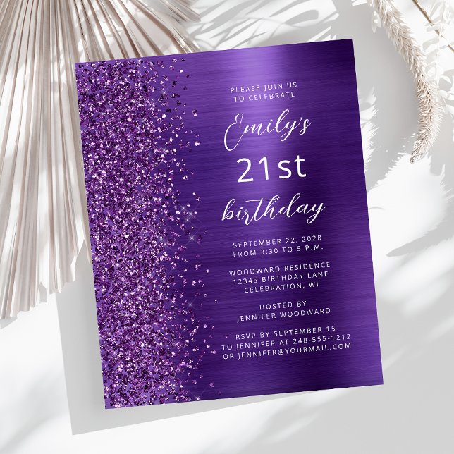 Budget Purple Glam Glitter 21st Birthday Invite (Creator Uploaded)