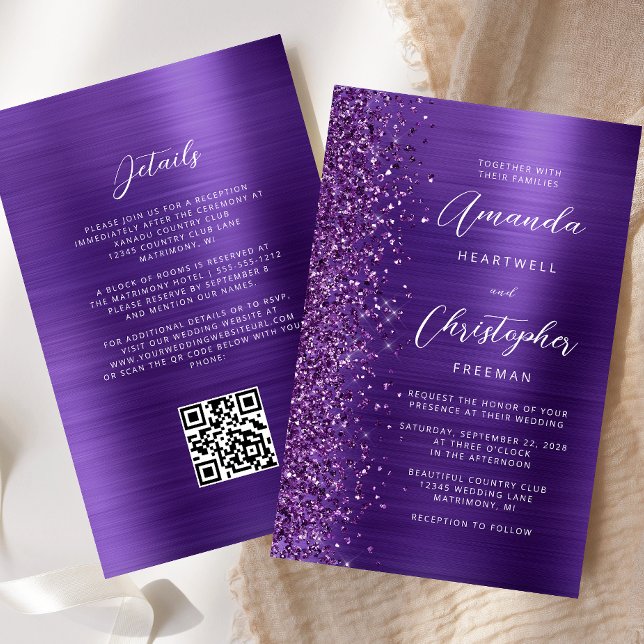 Budget Purple Glam QR Code Wedding Invitation (Creator Uploaded)