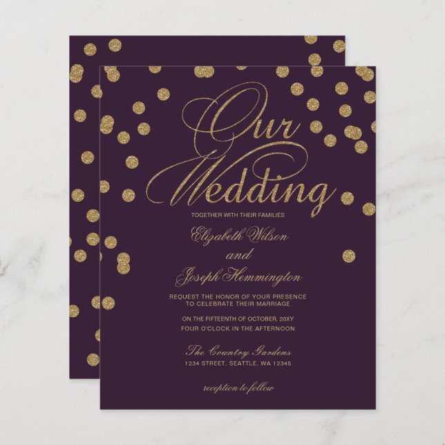 Budget Purple Glitter Confetti Wedding Invitation (Front/Back)