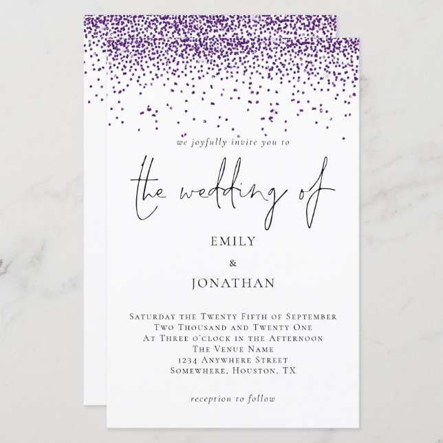 Budget Purple Glitter Confetti Wedding Invitation (Front/Back)