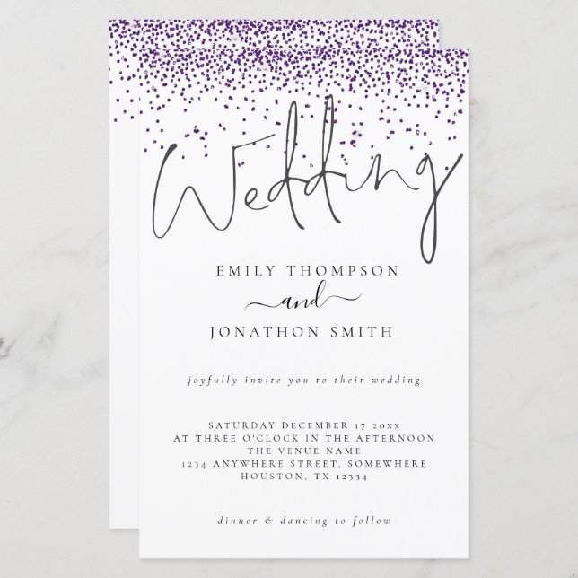 Budget Purple Glitter Confetti Wedding Invite (Front/Back)