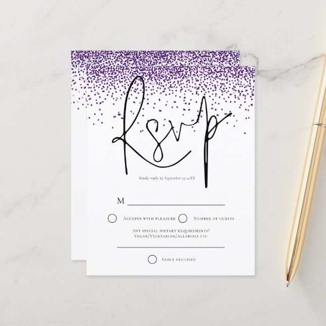 Budget Purple Glitter Confetti Wedding RSVP (Front/Back In Situ)