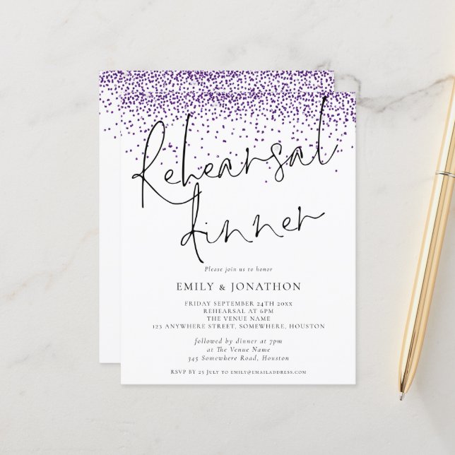 Budget Purple Glitter Rehearsal Dinner Invite (Front/Back In Situ)