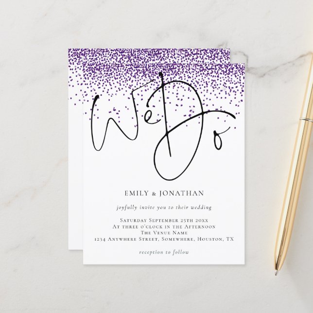 Budget Purple Glitter Script We Do Wedding Invite (Front/Back In Situ)