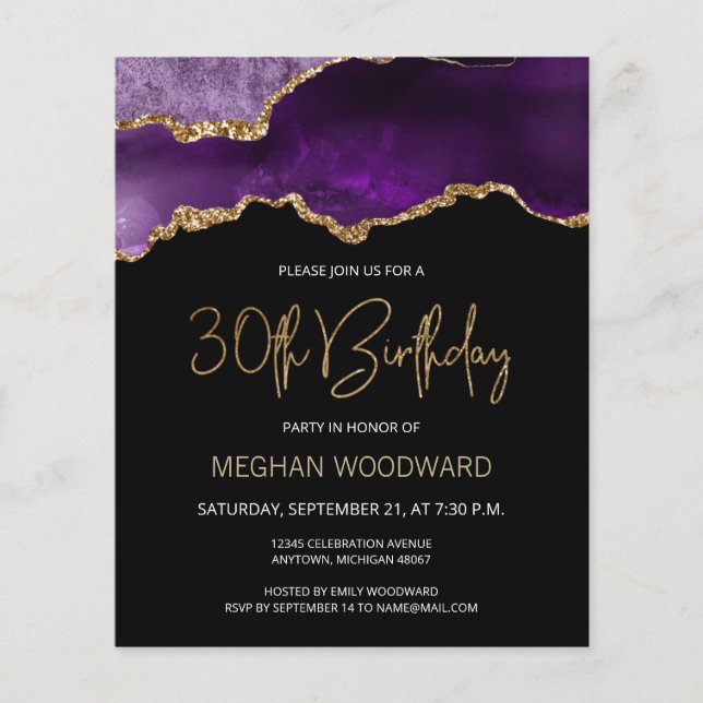 Budget Purple Gold Agate 30th Birthday Invitation (Front)