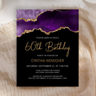 Budget Purple Gold Agate 60th Birthday Invitation