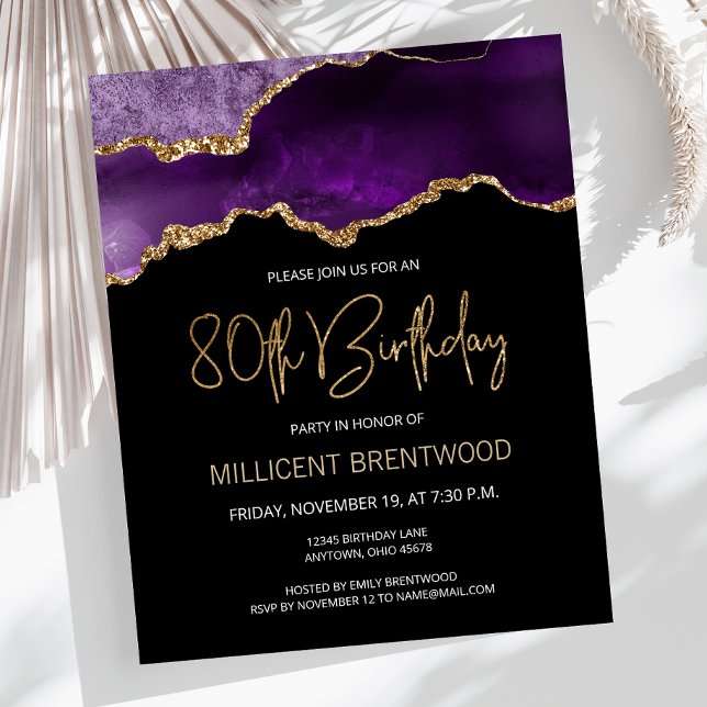 Budget Purple Gold Agate 80th Birthday Invitation (Creator Uploaded)