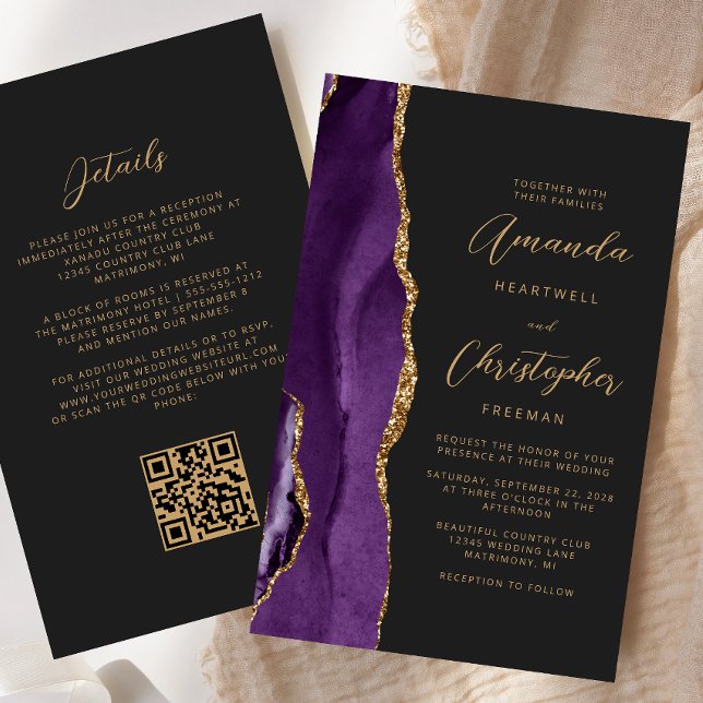Budget Purple Gold Agate Dark QR Code Wedding (Creator Uploaded)