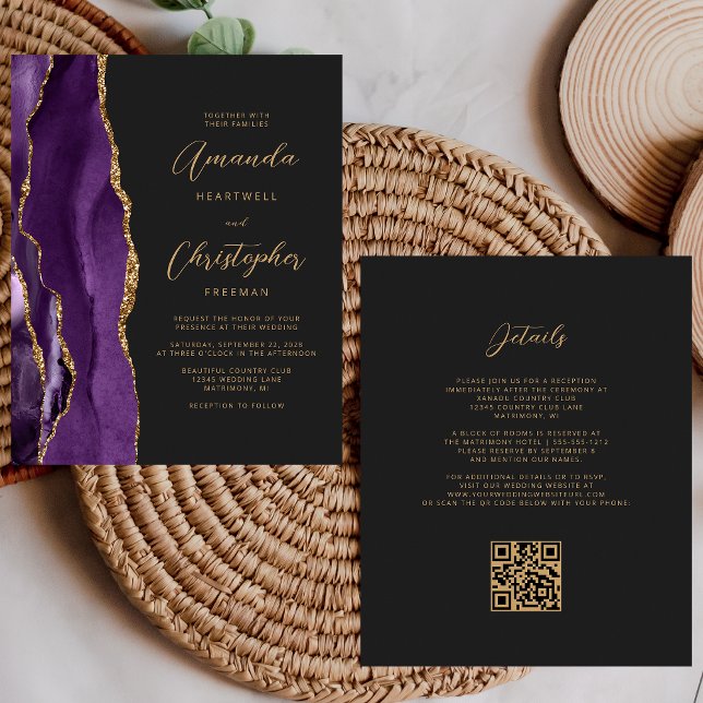 Budget Purple Gold Agate Dark QR Code Wedding (Creator Uploaded)