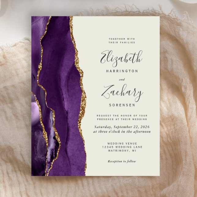 Budget Purple Gold Agate Ivory Wedding Invitation (Creator Uploaded)