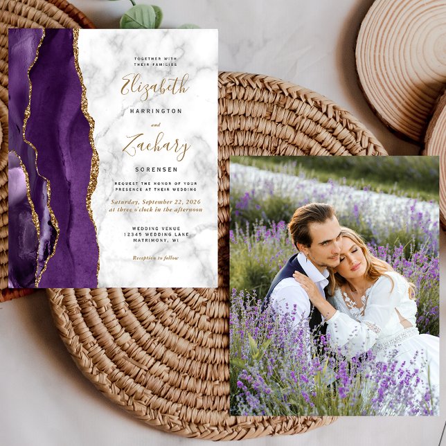 Budget Purple Gold Agate Photo Wedding Invite (Creator Uploaded)