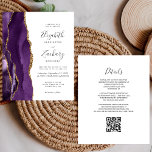 Budget Purple Gold Agate QR Code Wedding Invite<br><div class="desc">The left-hand edge of this elegant modern wedding invitation features a purple watercolor agate border trimmed with faux gold glitter. The customisable text combines handwriting, copperplate and italic fonts in charcoal grey on a white background. Add additional details on the back, along with a QR code to help your guests...</div>