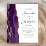 Budget Purple Gold Agate Script Wedding Invitation<br><div class="desc">The left-hand edge of this elegant modern wedding invitation features a purple watercolor agate border trimmed with faux gold glitter. The customisable text combines script and sans serif fonts in charcoal grey on a white background. The reverse side features a matching purple and gold agate design. NOTE: Envelopes are not...</div>