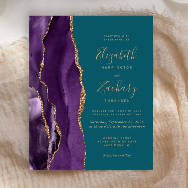 Budget Purple Gold Agate Teal Wedding Invite (Creator Uploaded)