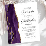 Budget Purple Gold Agate Wedding Invitation<br><div class="desc">The left-hand edge of this elegant modern wedding invitation features a purple watercolor agate border trimmed with faux gold glitter. The customisable text combines gold-coloured script and sans serif fonts on a white background. The reverse side features a matching purple and gold agate design.</div>