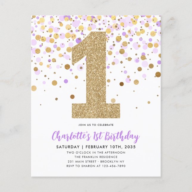 Budget Purple Gold Confetti Girl 1st Birthday Flyer (Front)