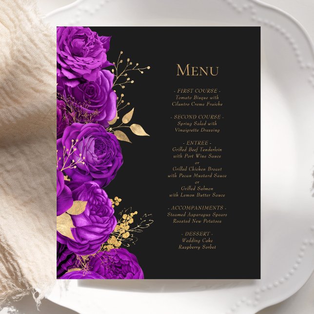 Budget Purple Gold Dark Floral Wedding Menu (Creator Uploaded)