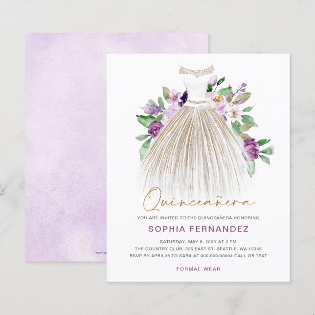 Budget Purple Gold Dress Quinceañera Invitation (Front/Back)
