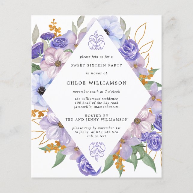 Budget Purple Gold Floral Sweet Sixteen Invitation Flyer (Front)