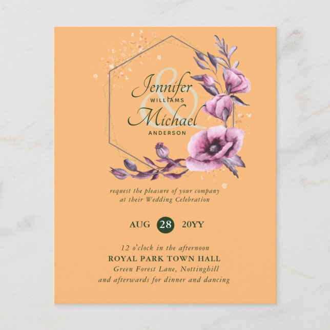 BUDGET Purple Gold Floral Wedding Invitations (Front)