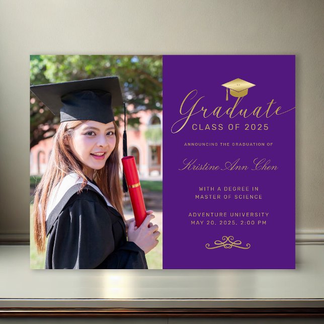 Budget Purple Gold Formal Script Photo Graduation  (Budget Purple Gold Formal Script Photo Graduation Announcement)