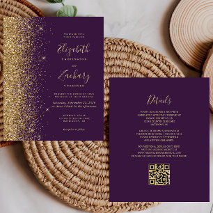 Budget Purple Gold Glitter QR Code Wedding Invite