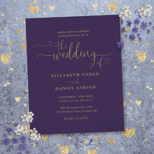 Budget Purple Gold Hearts Script Wedding Invite