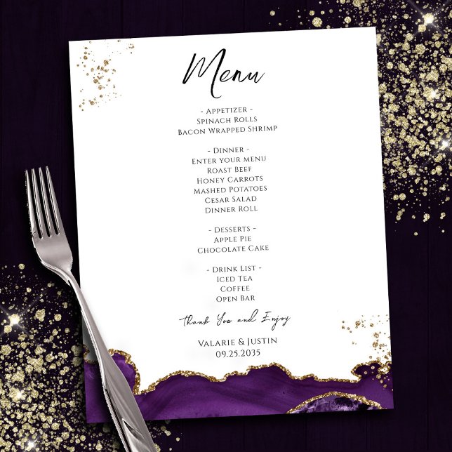 Budget Purple Gold Marble Wedding Menu Flyer (Creator Uploaded)
