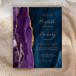 Budget Purple Gold Navy Blue Agate Wedding Invite