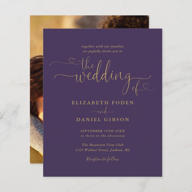 Budget Purple Gold Script Photo Wedding Invite (Front/Back)