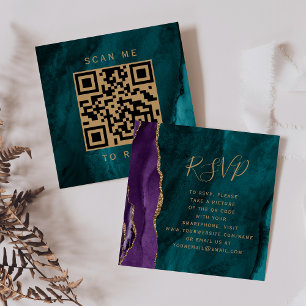 Budget Purple Gold Teal Agate Wedding QR Code RSVP Enclosure Card