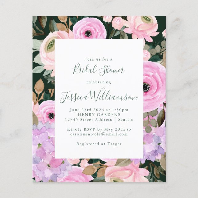 Budget Purple Green Floral Bridal Shower Invite (Front)
