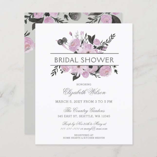 Budget Purple Grey Floral Bridal Shower Invitation (Front/Back)