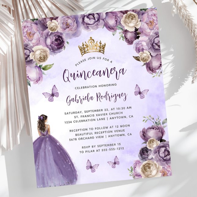 Budget Purple Ivory Floral Quinceañera Invite (Creator Uploaded)