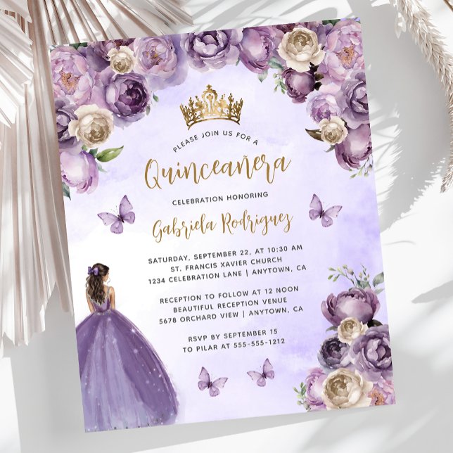 Budget Purple Ivory Gold Floral Quinceañera Invite (Creator Uploaded)