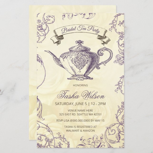 Budget Purple Ivory Vintage Bridal Tea Invitation (Front/Back)