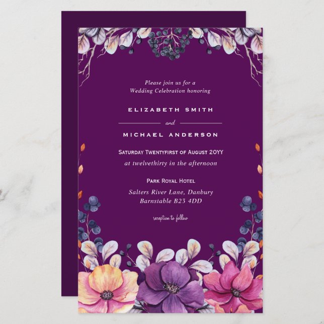 BUDGET Purple Lavender Leaves Wedding Invites A9 (Front/Back)