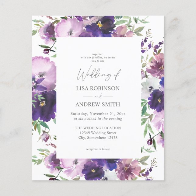 Budget Purple - Lavender & Violet Floral Wedding 2 Flyer (Front)