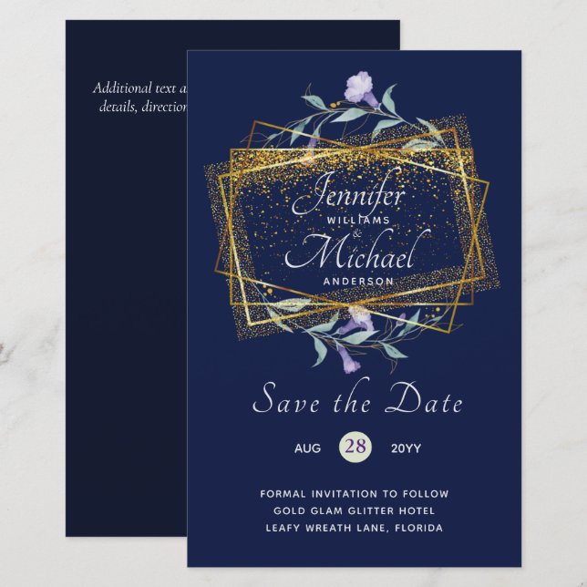 Budget Purple Leafy Floral Wedding Save Dates (Front/Back)