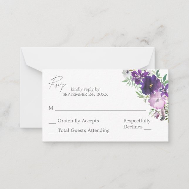 Budget Purple Light & Dark Floral 2SM No Meal RSVP Card (Front)