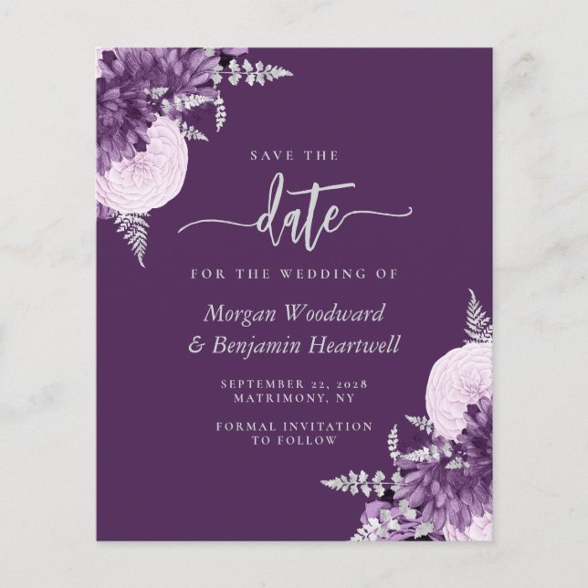 Budget Purple Lilac Silver Floral Save the Date (Front)