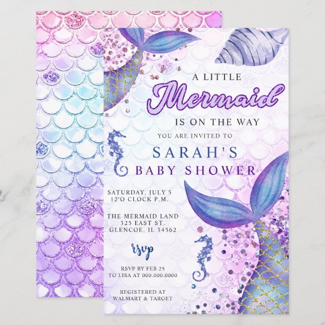 Budget Purple Mermaid Baby Shower Invitation (Front/Back)