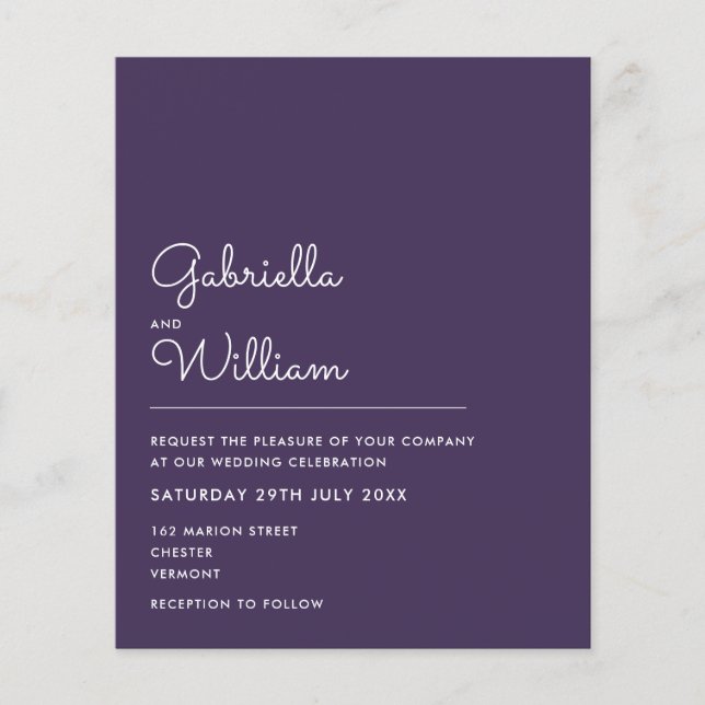 Budget Purple Minimalist Script Wedding (Front)