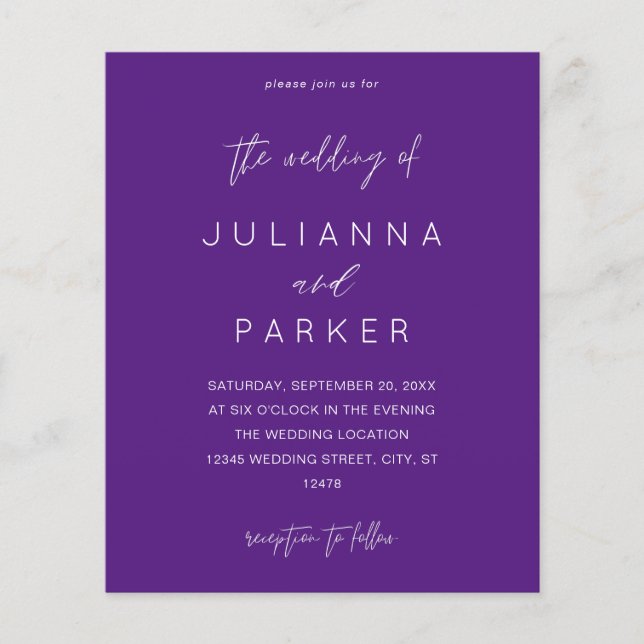 Budget Purple MOD Calligraphy Wedding Flyer (Front)