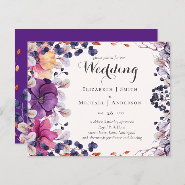 BUDGET Purple Orange Dusk Till Dawn Wedding INVITE (Front/Back)