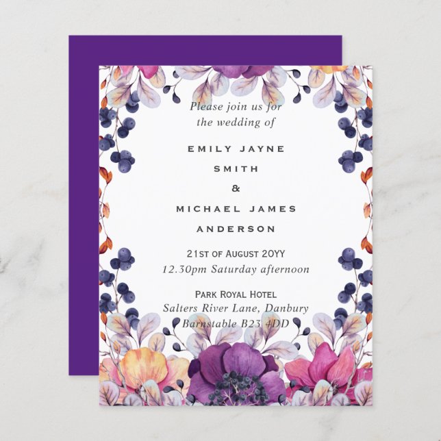 BUDGET Purple Orange Dusk Till Dawn Wedding INVITE (Front/Back)