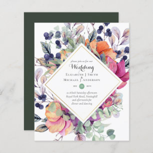 BUDGET Purple Orange Floral Wedding Invitations