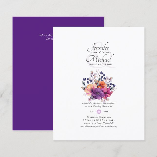 BUDGET Purple Orange Floral Wedding Invite (Front/Back)